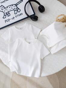 SHEIN Set de 4 piezas de camisetas de manga corta de cuello redondo de punto suave de unicolor unisex para niño bebé - Blanco - Ver 6
