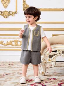 SHEIN 3pcs/Set Baby Boy Casual Luxurious Round Neck T-Shirt, Vest And Shorts Set, Suitable For Spring And Summer - Grey - View 1