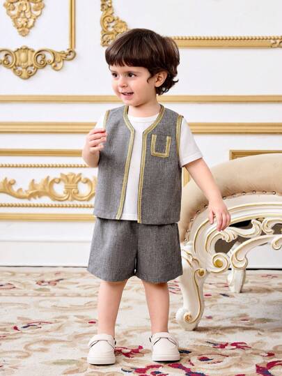 SHEIN 3pcs/Set Baby Boy Casual Luxurious Round Neck T-Shirt, Vest And Shorts Set, Suitable For Spring And Summer