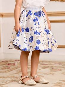 SHEIN Loose Cute Jacquard Pattern A-Line Skirt For Young Girls - Blue - View 3