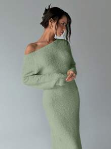 Aloruh 女式超大露肩长款针织毛衣连衣裙，秋冬 - 綠色 - 查看 4