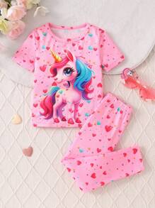 2pcs/Set Young Girl Cute Heart & Unicorn Print Short Sleeve T-Shirt And Pants Set, Glow In The Dark, Suitable For Outdoor Wear Summer Holiday