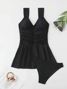 SHEIN Swim Frauen Schwarz V-Ausschnitt Rüschen Strandkleid 2-Teiler Bademode, Sommer - Schwarz - Übersicht 5