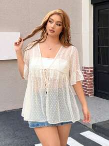 SHEIN EZwear Light Peach Sheer V-Neck Loose Plus Size Top - Beige - View 3