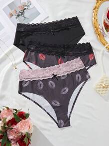 3pcs/Set Plus Size Valentine's Day Lace Trim Bow Decor Panties