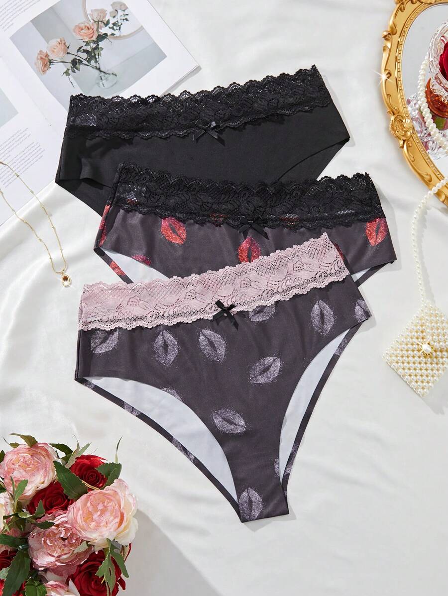 3pcs/Set Plus Size Valentine's Day Lace Trim Bow Decor Panties