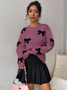 Chiquease Women's Bow Decor Drop Shoulder Pullover Sweater Knit Pullover Fall Winter Sweater - Red Violet - View 3