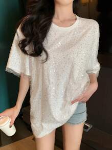 DAZY Women Shiny Mesh Short Sleeve Beaded T-Shirt With 2 In 1 Design, Sequin New Years T-Shirt Carnival - White - View 3