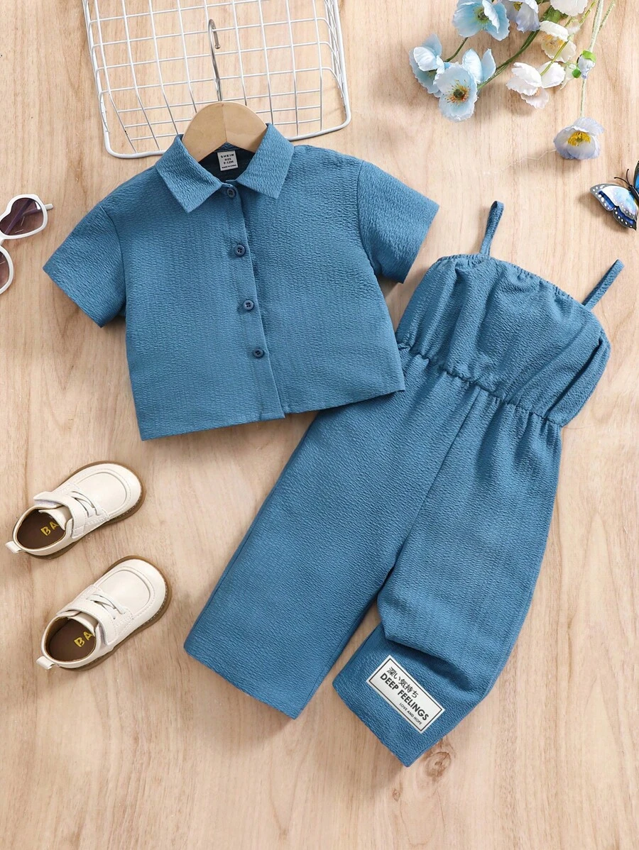 SHEIN Baby Girls Blue Short Sleeve Shirt & Elastic Waist Pants 2 Pieces Outfit, Spring/Summer - Blue - View 1