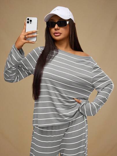 Forever 21 Plus Size Winter Long Sleeve Top Loose Asymmetrical Neck Striped Casual Relaxed Fit Knitted T-Shirt Pullover New Years Going Out Tops Women Plus Size Tracksuit Women Tops Plus Size Women Christmas Christmas Women's T-Shirt