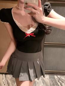 DAZY Women V-Neck Lace Patchwork Contrast Color Short Sleeve T-Shirt Cute Tops - Black - View 7