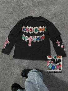 Manfinity Roghcode Áo thun nam cổ tròn tay ngắn họa tiết, mặc thường ngày - màu đen - Xem 1