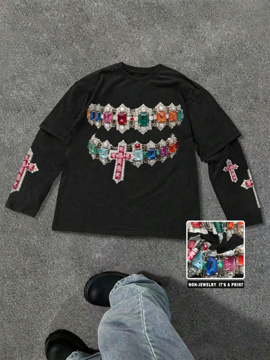 Manfinity Roghcode Áo thun nam cổ tròn tay ngắn họa tiết, mặc thường ngày - màu đen - Xem 1