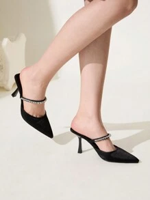 CUCCOO CHICEST Giày cao gót mũi nhọn đính pha lê vải lụa đen thời trang cho nữ, thích hợp đi làm, hẹn hò, tiệc tùng, ngày lễ, đám cưới - màu đen - Xem 5