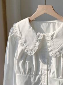 Comfortcana 大码女式优雅刺绣单排扣荷叶边领灯笼袖衬衫，秋冬