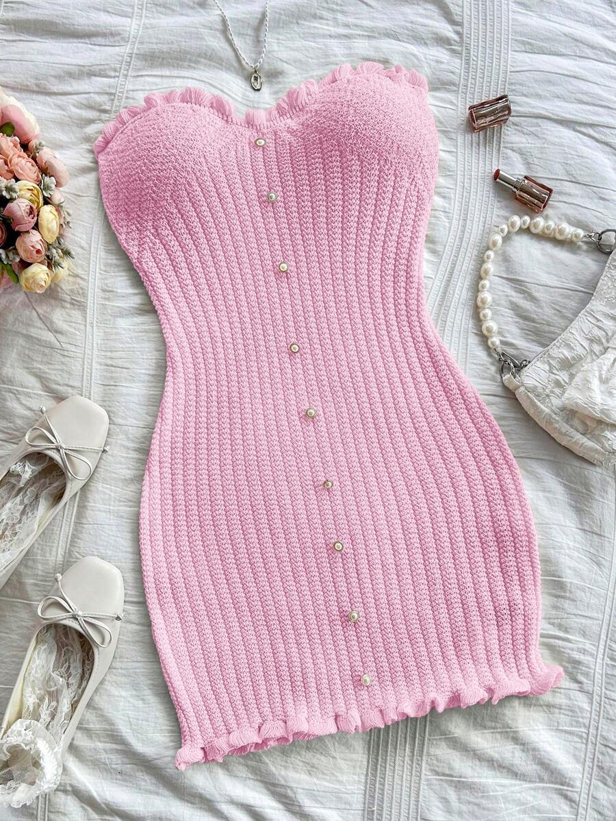 Soleia Vestido de tirantes de punto con botones y ribete de volantes, sexy y cómodo - Rosa - Ver 1