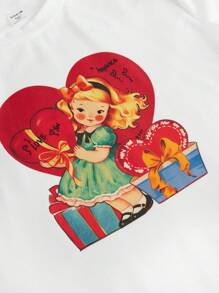 SHEIN Teen Girl Slim Fit Retro Cartoon Print Contrast Color Crop Top T-Shirt & Red Ruffle Lace Trim Mini Skirt 2 Pieces Set - Red - View 7