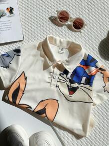SHEIN 1 pezzo Polo shirt per ragazzi giovani con colletto alla coreana, motivo a coniglietto carino e comoda, adatta per uso quotidiano, scuola, uscite, sport, primavera/estate, in pile, spessa