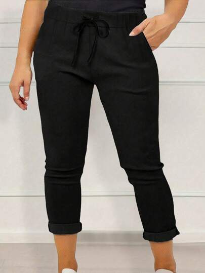 Plus Size Solid Color Simple Slim Fit Casual Pants
