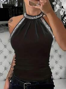INAWLY Women Elegant Sequins Embellished Pleated Stand Collar Slim Fit Sleeveless Top - Black - View 1