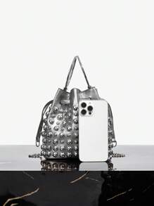 SHEIN SXY 女士手提包、单肩包、流浪包、时尚、优雅、简约、个性化、多功能、经典、铆钉、适合约会、日常、购物、下午茶、鸡尾酒会、派对、舞会、俱乐部、生日、晚会、约会之夜、舞会 - 銀色 - 查看 5