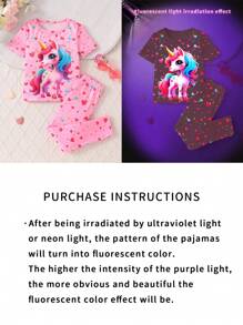 2pcs/Set Young Girl Cute Heart & Unicorn Print Short Sleeve T-Shirt And Pants Set, Glow In The Dark, Suitable For Outdoor Wear Summer Holiday