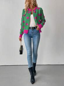 Jacquard Heart Pattern Loose Fit Cardigan, Autumn/Winter Fall Cloth For Women - Green - View 4