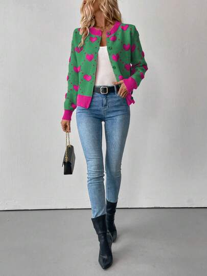 EMERY ROSE Chaqueta tipo cárdigan holgada con patrón de corazones jacquard, para otoño/invierno