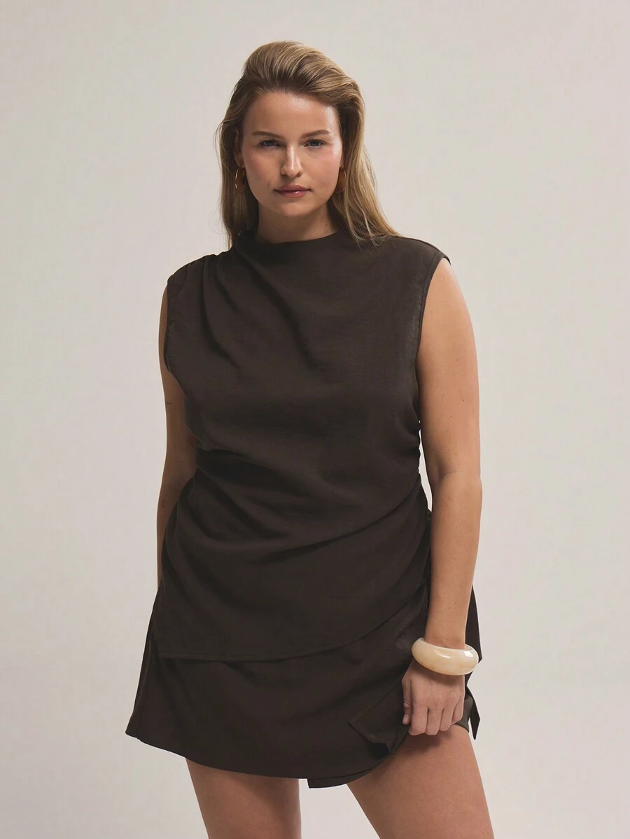 MUSERA 加大码梭织无袖褶皱侧边不对称下摆性感长款上衣，适合约会之夜、女生之夜、节日、场合、婚礼宾客秋冬秋季