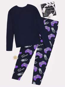 SHEIN Leap Crew 2 件青少年男孩紧身霓虹卡通游戏控制器图案长袖上衣和长裤针织舒适休闲睡衣套装