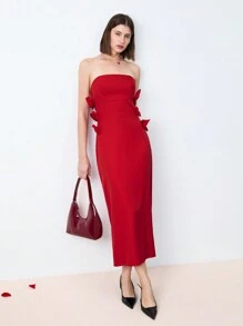 Maija 女士红色优雅纯色蝴蝶结装饰吊带背心百搭日常情人节派对连衣裙，早春节