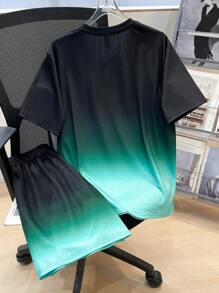 SHEIN Bộ quần short tay ngắn màu ombre cho bé trai tuổi teen, phong cách đường phố Punk Rock giản dị cho hoạt động ngoài trời, tiệc tùng, lễ hội âm nhạc, thích hợp cho mùa xuân/hè, màu đen và xanh lá cây có in hình tiếng Anh - Nhiều màu - Xem 2