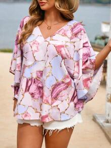 SHEIN VCAY 大码波西米亚风大理石印花蝙蝠袖衬衫，适合夏季