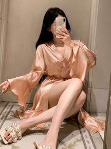 DAZY Satin Robe With Ruffled Lapel For Women Pajama - Pink - View 3