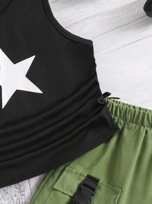 Set de 2 piezas con Top de tirantes con estampado de estrellas y short cargo informal, estilo de calle para primavera/verano para niña preadolescente - Multicolor - Ver 3