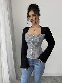 Elenzga Camisa de mujer elegante de manga acampanada con cuello cuadrado y bloque de color negro