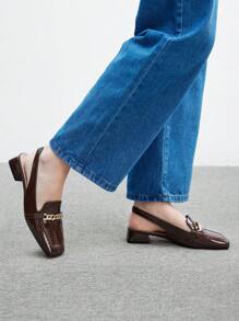 CUCCOO BIZCHIC Coffee Brown Patent Leather Shiny Chain Strap Low Heel Square Toe Flats, Fashion Casual Commuting, Dating, Party, Holiday Shoes For Women Spring Shoes Spring Break Easter For Christmas Spring Shoes - Coffee Brown - View 4