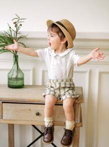 Souflis Souflis Set de 2 piezas para niños: Camisa de manga corta con cuello + Pantalones cortos a cuadros de cintura elástica, conjunto casual y versátil para uso al aire libre - Multicolor - Ver 6