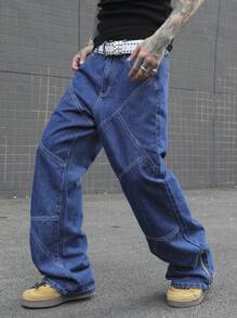 Manfinity Roghcode Men's Casual Straight Loose Fit Jeans With Pockets - Dark Wash - View 4