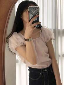 DAZY 女士撞色网眼泡泡袖衬衫，春夏可爱上衣 - 杏色 - 查看 4