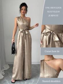 Elenzga Strapless Ruched Tie-Knot Metallic Feel Jumpsuit - Gold - View 1