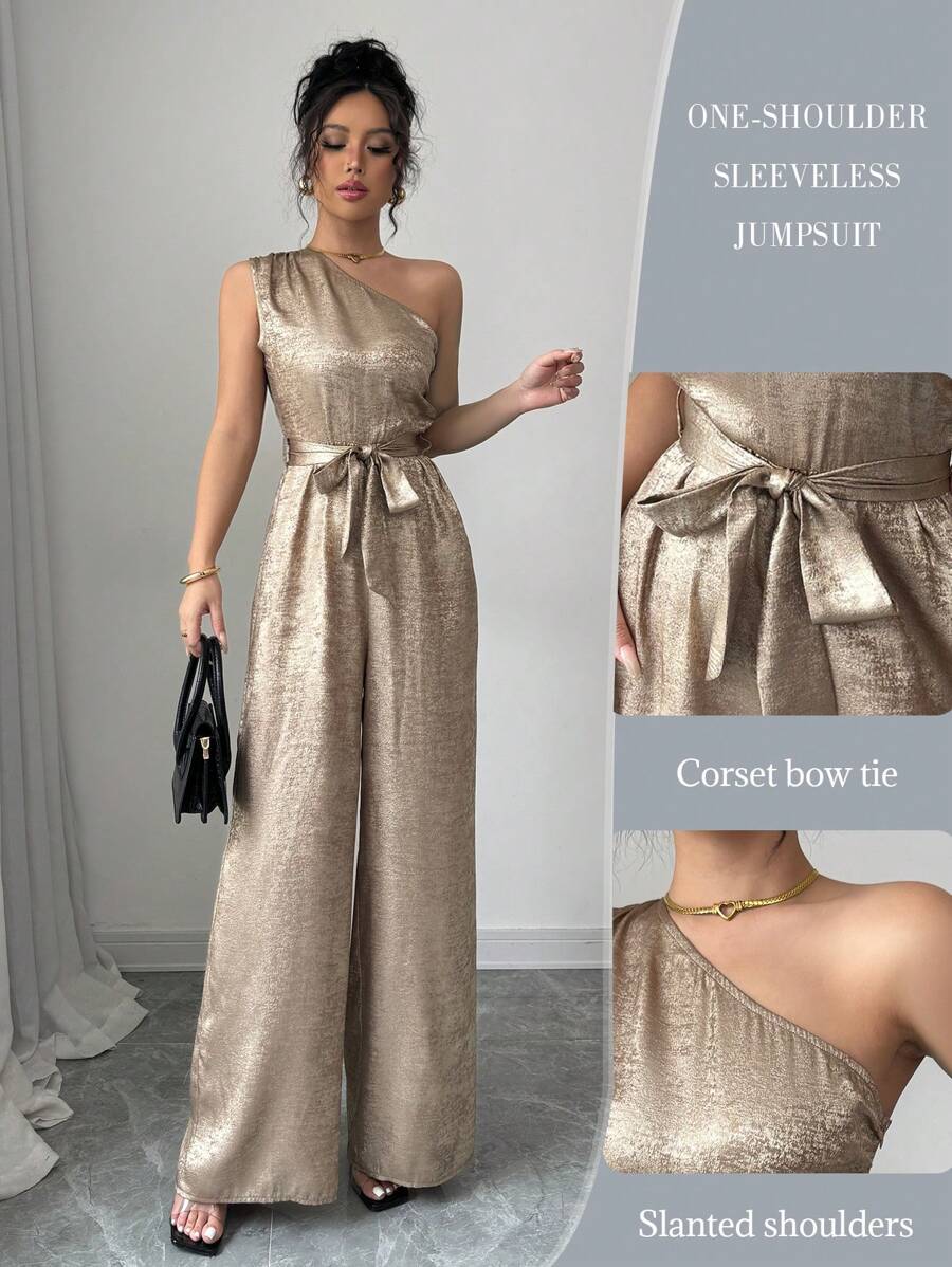 Elenzga Strapless Ruched Tie-Knot Metallic Feel Jumpsuit - Gold - View 1