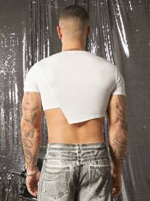 FeverCity Men's Round Neck Cropped Hem Asymmetrical T-Shirt - White - View 3