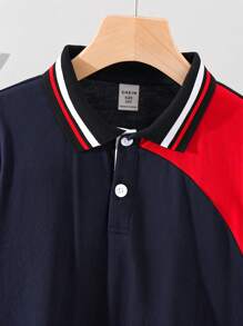 Tween Boys' Casual Color Block Patchwork Polo Shirt With Flat Collar, Short Sleeve, Suitable For Autumn, Spring, Summer, Outdoor Play, School, Street Snap, Party And Casual Home Wear