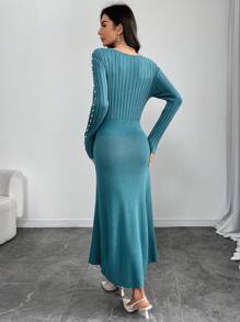 Modelyn Vestido jersey casual de manga larga con cuello en V y decoración de perlas sintéticas para mujer - Agua verde azul - Ver 3