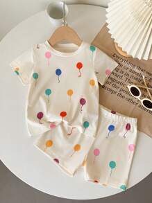 SHEIN 2pcs/Set Baby Girl 0-3 Years Fashionable Cute Colorful Balloon Pattern Crew Neck Short Sleeve T-Shirt & Shorts Set - Apricot - View 2