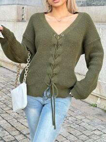 Grüner V-Ausschnitt Pullover mit gekreuzten Trägern, lässig für Herbst/Winter