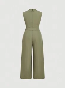 SHEIN MOD Green V-Neck Lapel Tie-Waist Sleeveless ,Belt Bowknot,Plus Size Jumpsuit,Vintage Style,
