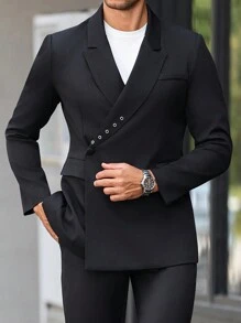 Calvornis 男士商务通勤风，INS搭配单品：时尚黑色西装外套，衣领采用金属环设计，门襟不对称，单粒扣