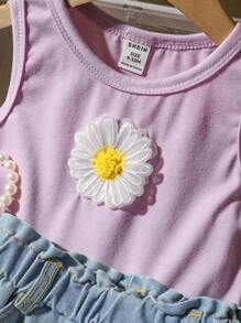 SHEIN 2pcs Infant Girls Casual Everyday Versatile 3D Daisy Flower Woven Label Tank Top & Skirt Set, Fashionable For Outing, Spring/Summer - Purple - View 6